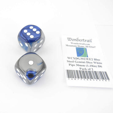 WCXDG3023EE2 Blue Steel Gemini Dice White Pips 30mm (1.18in) D6 Pack of 2 (ONLINE ORDER ONLY)