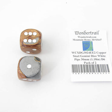 WCXDG3024EE2 Copper Steel Gemini Dice White Pips 30mm (1.18in) D6 Pack of 2 (ONLINE ORDER ONLY)