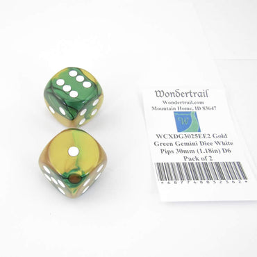 WCXDG3025EE2 Gold Green Gemini Dice White Pips 30mm (1.18in) D6 Pack of 2 (ONLINE ORDER ONLY)