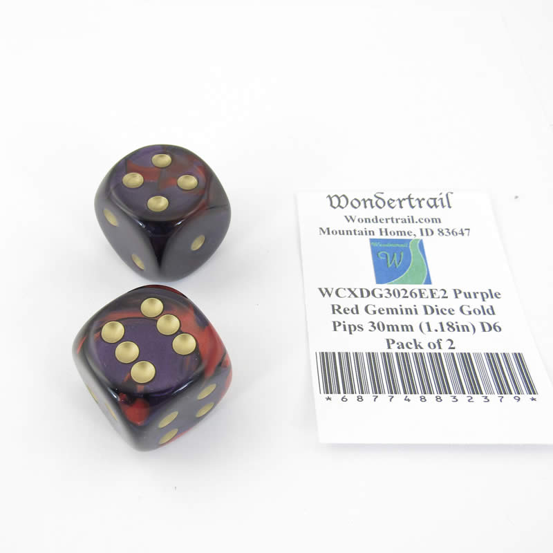 WCXDG3026EE2 Purple Red Gemini Dice Gold Pips 30mm (1.18in) D6 Pack of 2 (ONLINE ORDER ONLY)