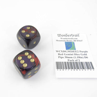 WCXDG3026EE2 Purple Red Gemini Dice Gold Pips 30mm (1.18in) D6 Pack of 2 (ONLINE ORDER ONLY)