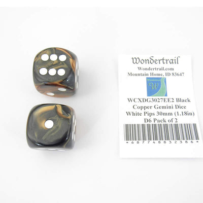 WCXDG3027EE2 Black Copper Gemini Dice White Pips 30mm (1.18in) D6 Pack of 2 (ONLINE ORDER ONLY)