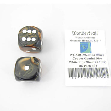 WCXDG3027EE2 Black Copper Gemini Dice White Pips 30mm (1.18in) D6 Pack of 2 (ONLINE ORDER ONLY)