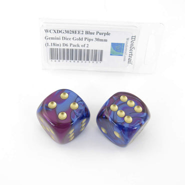 WCXDG3028EE2 Blue Purple Gemini Dice Gold Pips 30mm (1.18in) D6 Pack of 2 (ONLINE ORDER ONLY)