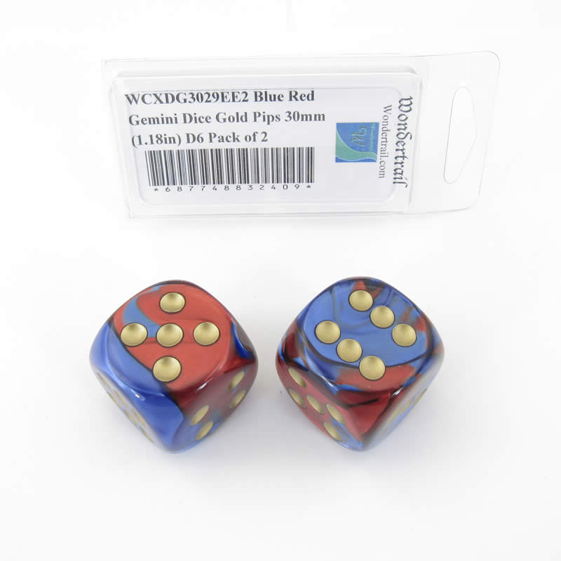 WCXDG3029EE2 Blue Red Gemini Dice Gold Pips 30mm (1.18in) D6 Pack of 2 (ONLINE ORDER ONLY)