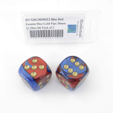 WCXDG3029EE2 Blue Red Gemini Dice Gold Pips 30mm (1.18in) D6 Pack of 2 (ONLINE ORDER ONLY)