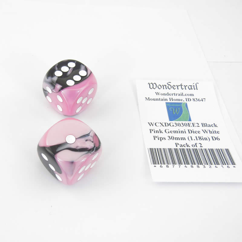 WCXDG3030EE2 Black Pink Gemini Dice White Pips 30mm (1.18in) D6 Pack of 2 (ONLINE ORDER ONLY)