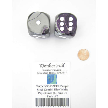 WCXDG3032EE2 Purple Steel Gemini Dice White Pips 30mm (1.18in) D6 Pack of 2 (ONLINE ORDER ONLY)