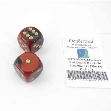 WCXDG3033EE2 Black Red Gemini Dice Gold Pips 30mm (1.18in) D6 Pack of 2 (ONLINE ORDER ONLY)