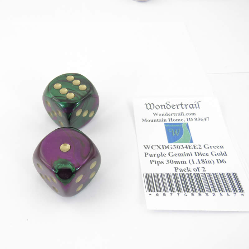 WCXDG3034EE2 Green Purple Gemini Dice Gold Pips 30mm (1.18in) D6 Pack of 2 (ONLINE ORDER ONLY)