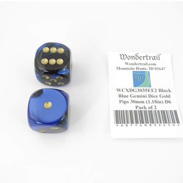 WCXDG3035EE2 Black Blue Gemini Dice Gold Pips 30mm (1.18in) D6 Pack of 2 (ONLINE ORDER ONLY)