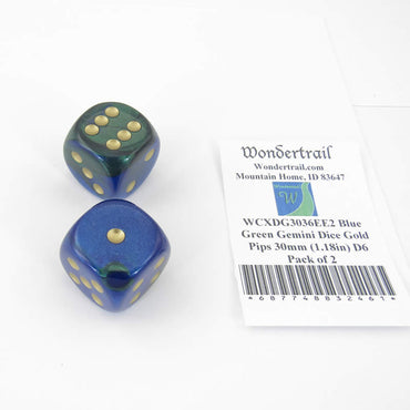 WCXDG3036EE2 Blue Green Gemini Dice Gold Pips 30mm (1.18in) D6 Pack of 2 (ONLINE ORDER ONLY)