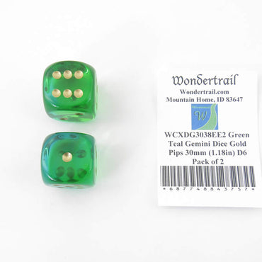 WCXDG3038EE2 Green Teal Gemini Dice Gold Pips 30mm (1.18in) D6 Pack of 2 (ONLINE ORDER ONLY)