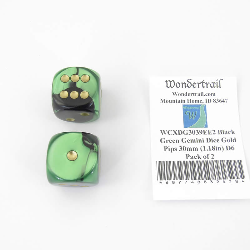 WCXDG3039EE2 Black Green Gemini Dice Gold Pips 30mm (1.18in) D6 Pack of 2 (ONLINE ORDER ONLY)