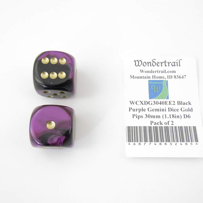 WCXDG3040EE2 Black Purple Gemini Dice Gold Pips 30mm (1.18in) D6 Pack of 2 (ONLINE ORDER ONLY)