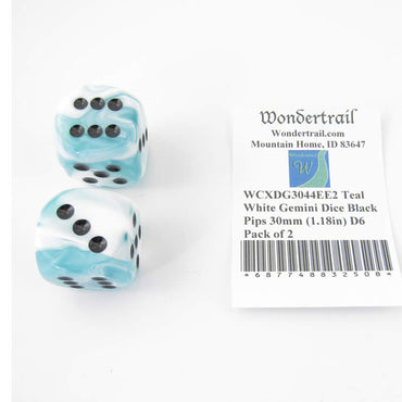 WCXDG3044EE2 Teal White Gemini Dice Black Pips 30mm (1.18in) D6 Pack of 2 (ONLINE ORDER ONLY)