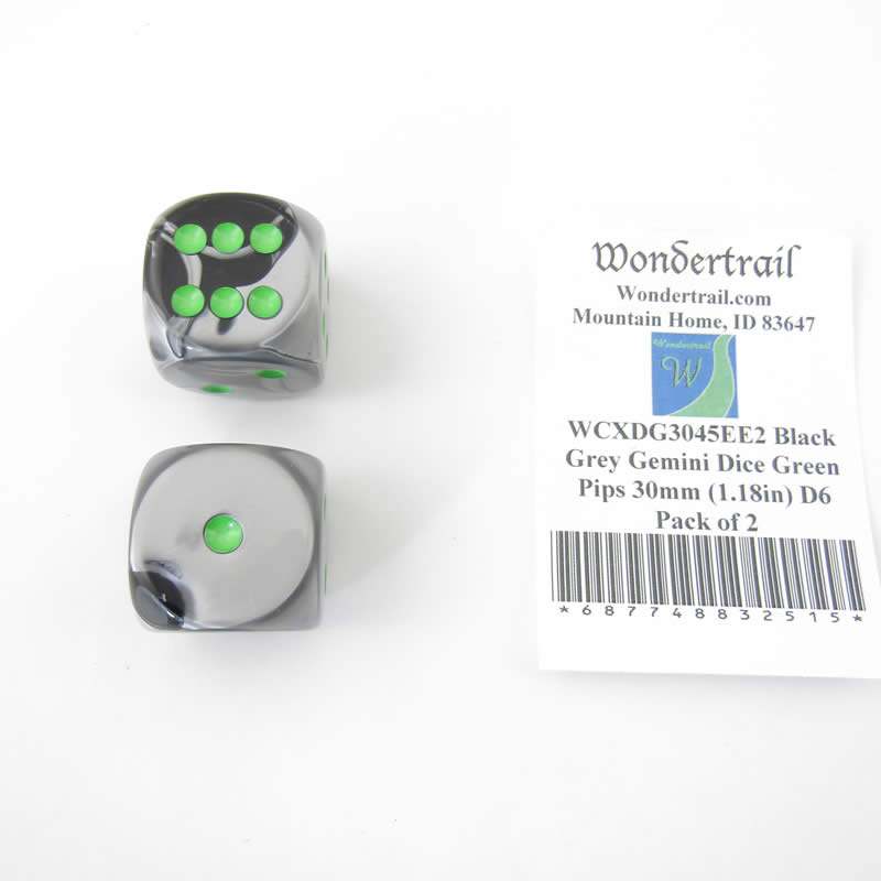 WCXDG3045EE2 Black Grey Gemini Dice Green Pips 30mm (1.18in) D6 Pack of 2 (ONLINE ORDER ONLY)