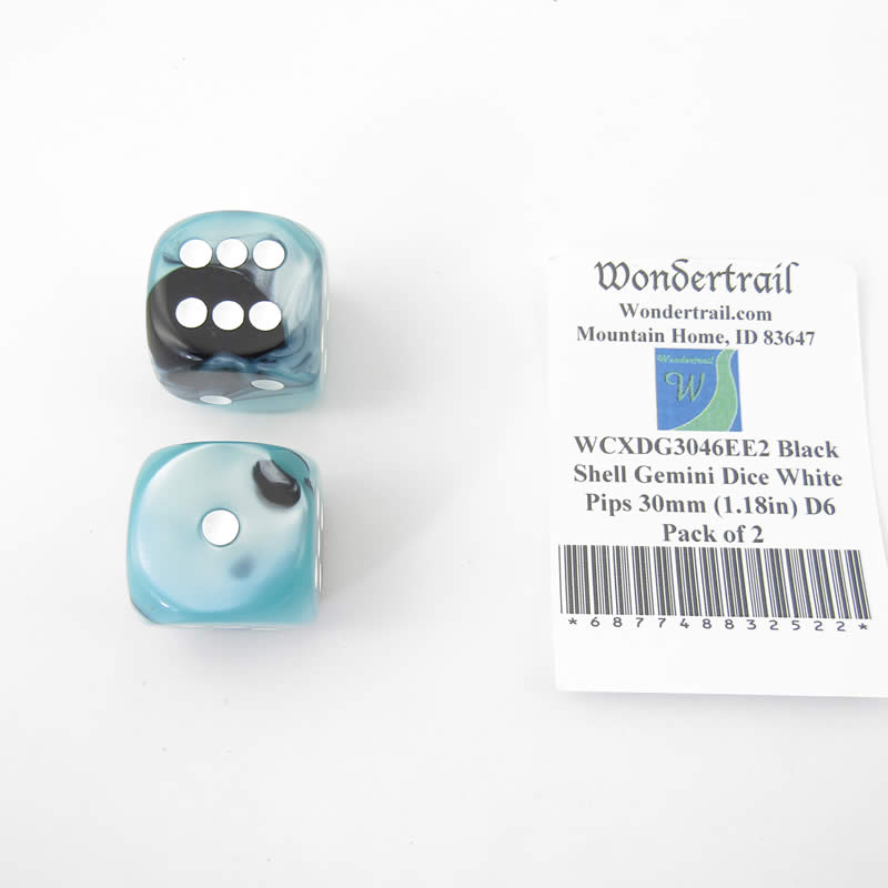 WCXDG3046EE2 Black Shell Gemini Dice White Pips 30mm (1.18in) D6 Pack of 2 (ONLINE ORDER ONLY)
