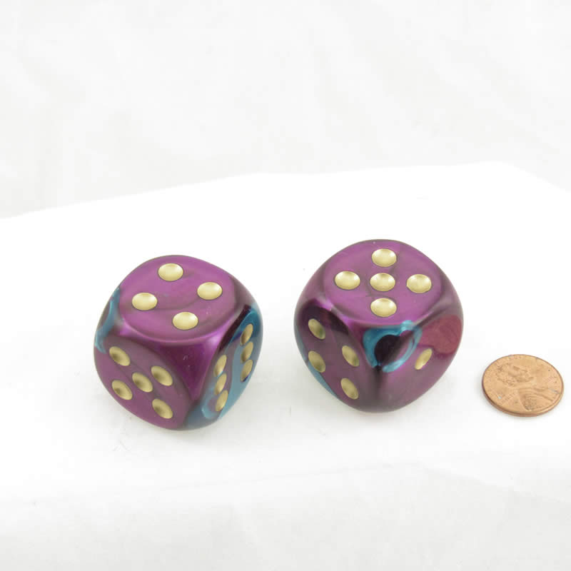 WCXDG3049EE2 Purple Teal Gemini Dice Gold Pips 30mm (1.18in) D6 Pack of 2 (ONLINE ORDER ONLY)