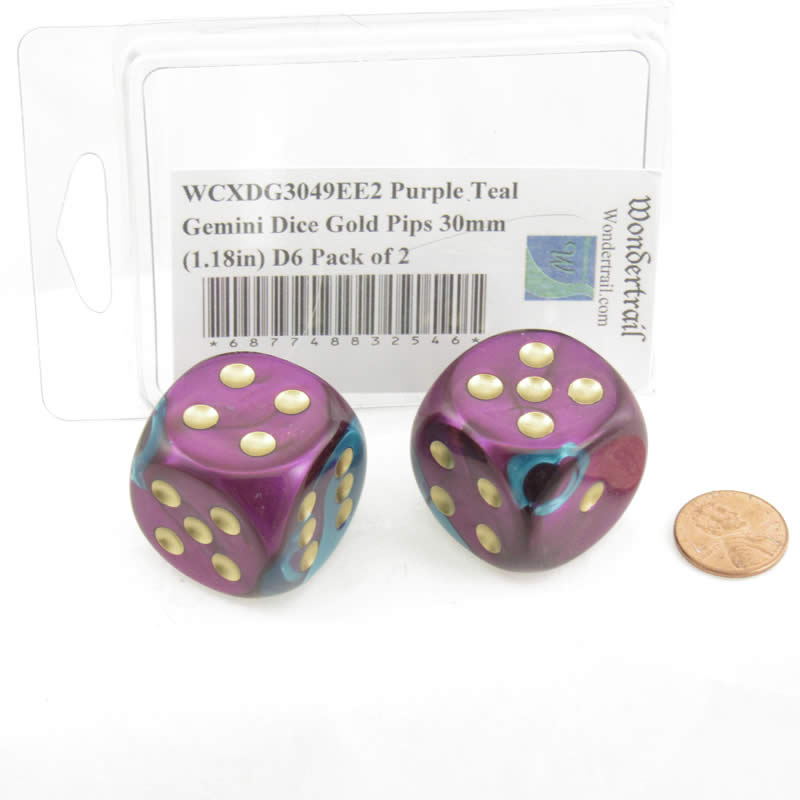 WCXDG3049EE2 Purple Teal Gemini Dice Gold Pips 30mm (1.18in) D6 Pack of 2 (ONLINE ORDER ONLY)