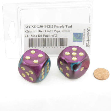 WCXDG3049EE2 Purple Teal Gemini Dice Gold Pips 30mm (1.18in) D6 Pack of 2 (ONLINE ORDER ONLY)