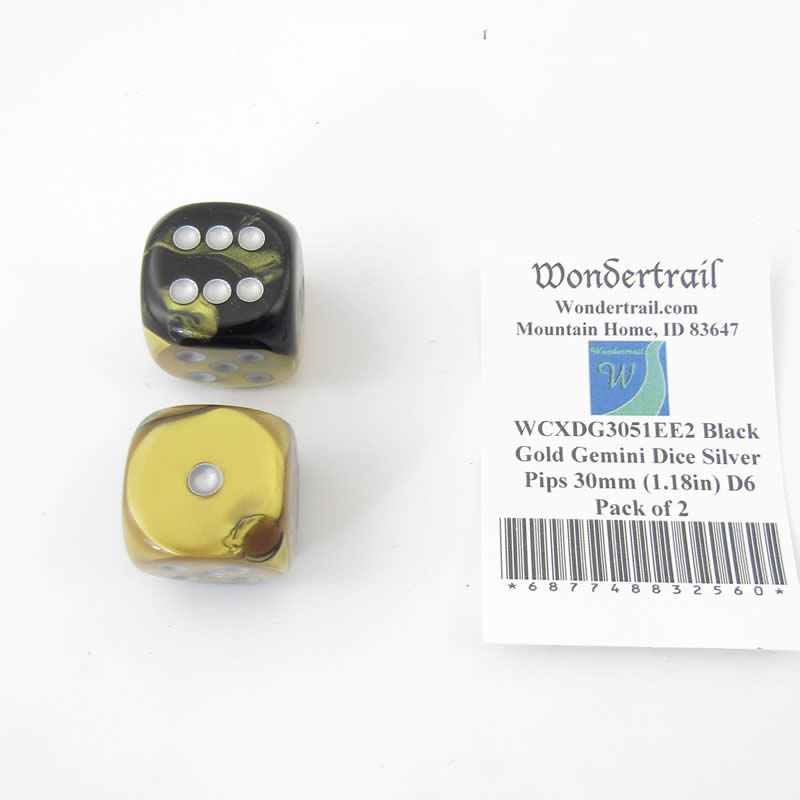 WCXDG3051EE2 Black Gold Gemini Dice Silver Pips 30mm (1.18in) D6 Pack of 2 (ONLINE ORDER ONLY)