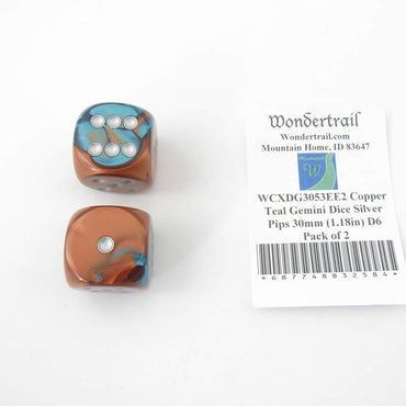 WCXDG3053EE2 Copper Teal Gemini Dice Silver Pips 30mm (1.18in) D6 Pack of 2 (ONLINE ORDER ONLY)