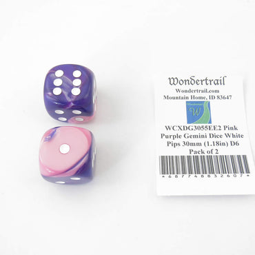 WCXDG3055EE2 Pink Purple Gemini Dice White Pips 30mm (1.18in) D6 Pack of 2 (ONLINE ORDER ONLY)
