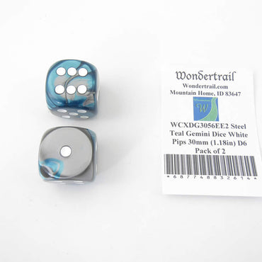 WCXDG3056EE2 Steel Teal Gemini Dice White Pips 30mm (1.18in) D6 Pack of 2 (ONLINE ORDER ONLY)
