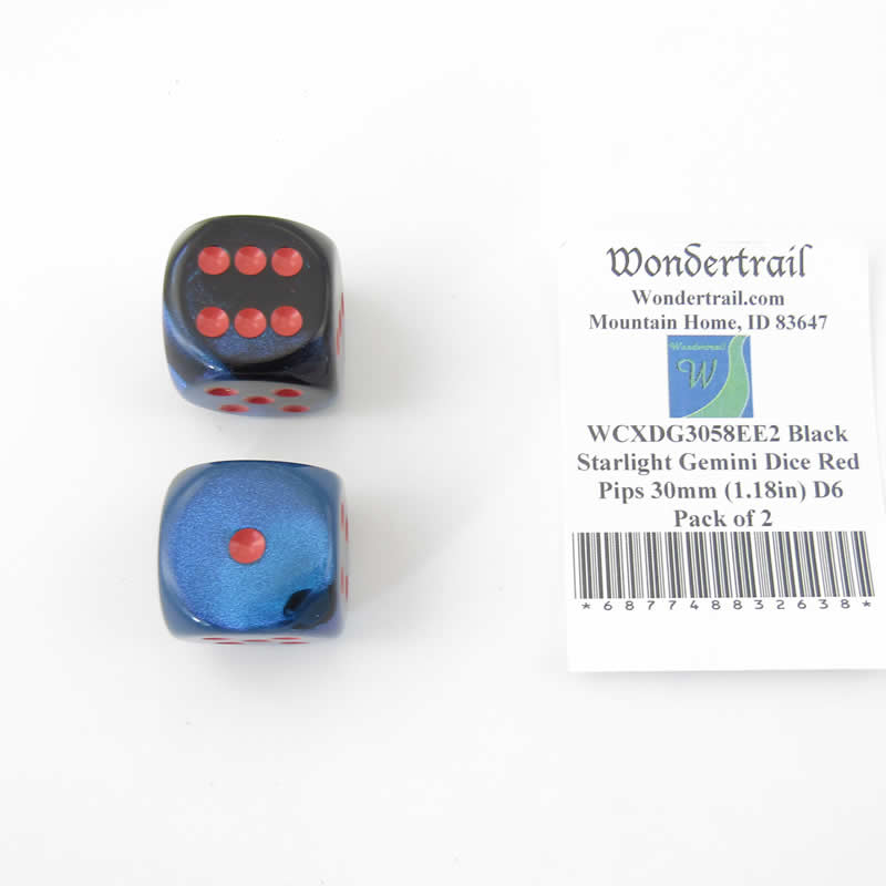 WCXDG3058EE2 Black Starlight Gemini Dice Red Pips 30mm (1.18in) D6 Pack of 2 (ONLINE ORDER ONLY)