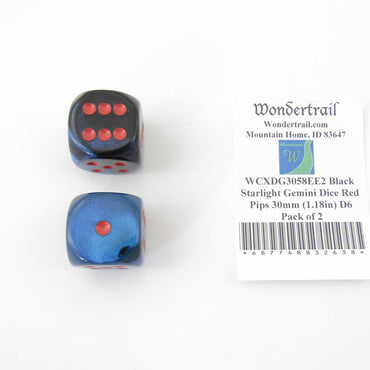 WCXDG3058EE2 Black Starlight Gemini Dice Red Pips 30mm (1.18in) D6 Pack of 2 (ONLINE ORDER ONLY)