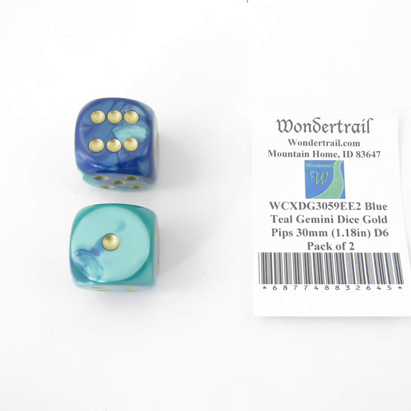WCXDG3059EE2 Blue Teal Gemini Dice Gold Pips 30mm (1.18in) D6 Pack of 2 (ONLINE ORDER ONLY)