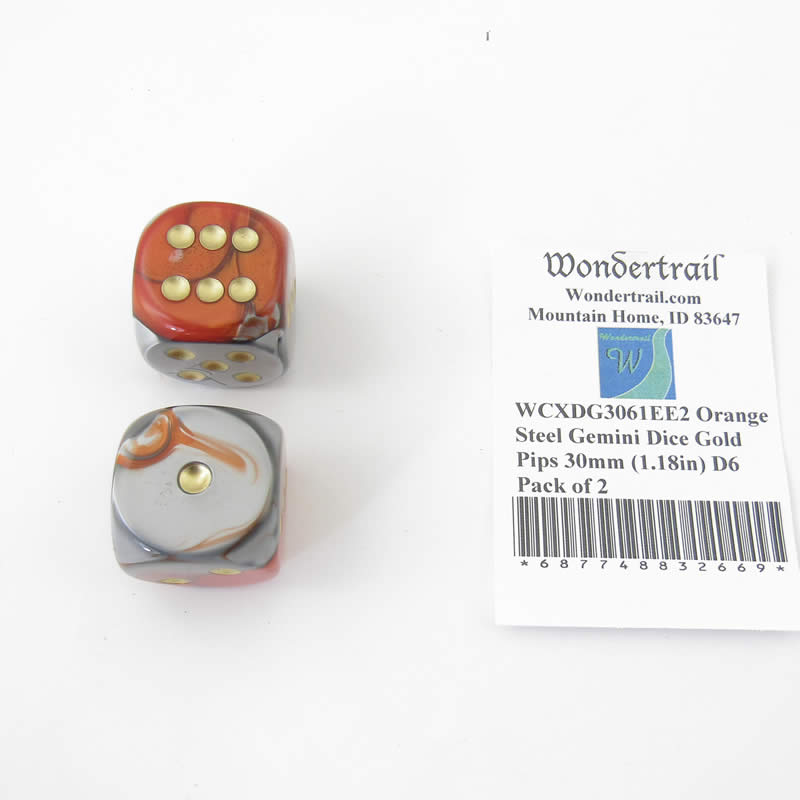 WCXDG3061EE2 Orange Steel Gemini Dice Gold Pips 30mm (1.18in) D6 Pack of 2 (ONLINE ORDER ONLY)