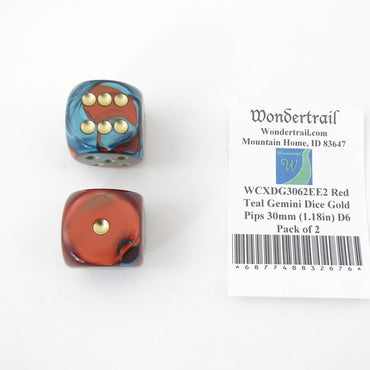 WCXDG3062EE2 Red Teal Gemini Dice Gold Pips 30mm (1.18in) D6 Pack of 2 (ONLINE ORDER ONLY)