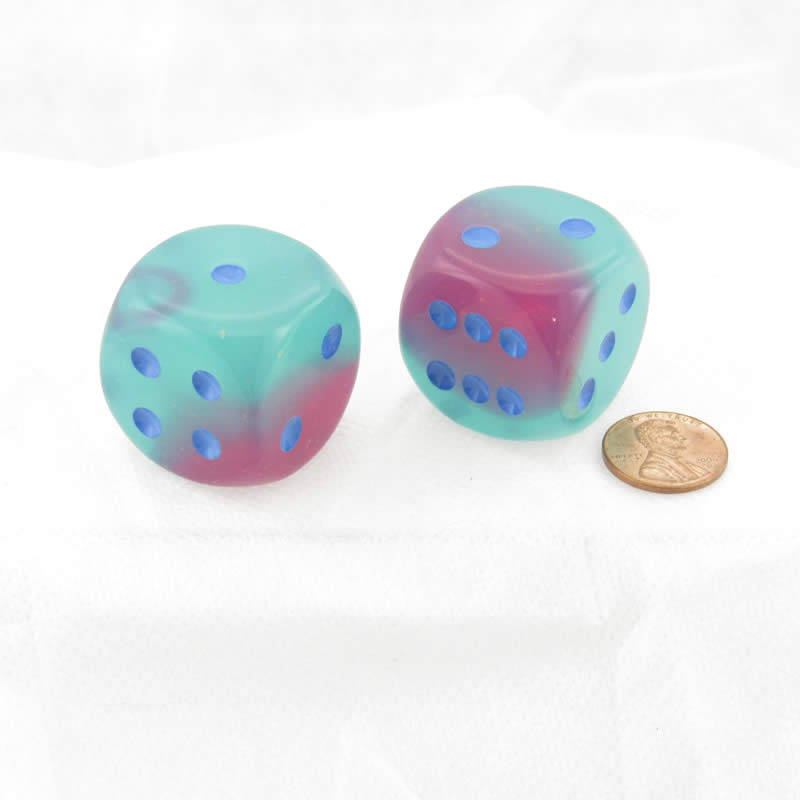 WCXDG3064E2 Gel Green and Pink Gemini Luminary Dice Blue Pips 30mm (1.18in) D6 Pack of 2 (ONLINE ORDER ONLY)