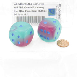 WCXDG3064E2 Gel Green and Pink Gemini Luminary Dice Blue Pips 30mm (1.18in) D6 Pack of 2 (ONLINE ORDER ONLY)