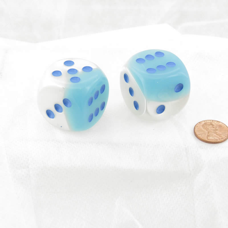 WCXDG3065E2 Pearl Turquoise and White Gemini Luminary Dice Blue Pips 30mm (1.18in) D6 Pack of 2 (ONLINE ORDER ONLY)