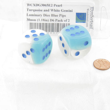 WCXDG3065E2 Pearl Turquoise and White Gemini Luminary Dice Blue Pips 30mm (1.18in) D6 Pack of 2 (ONLINE ORDER ONLY)