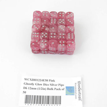 WCXDH1224E50 Pink Ghostly Glow Dice Silver Pips D6 12mm (1/2in) Bulk Pack of 50 (ONLINE ORDER ONLY)