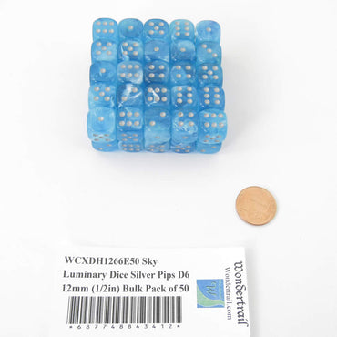 WCXDH1266E50 Sky Luminary Dice Silver Pips D6 12mm (1/2in) Bulk Pack of 50 (ONLINE ORDER ONLY)