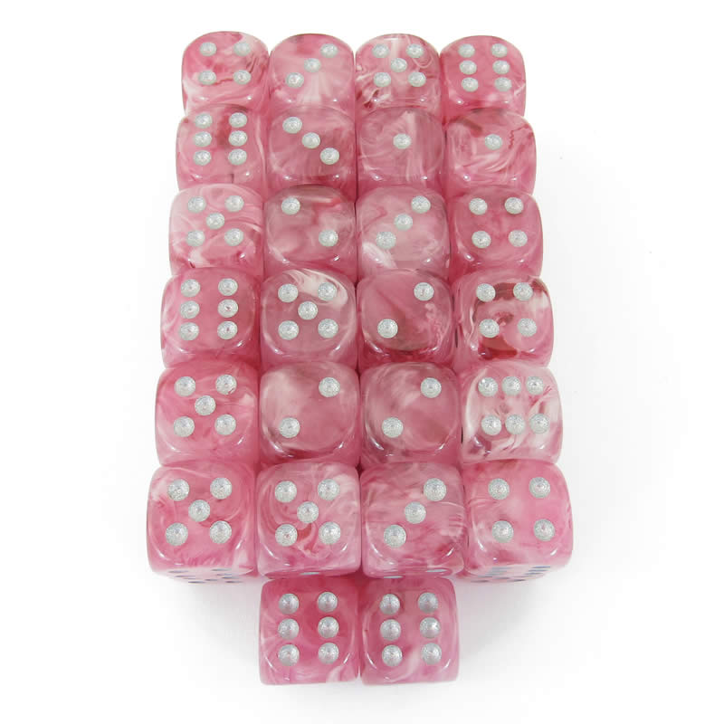 WCXDH1624E50 Pink Ghostly Glow Dice Silver Pips D6 16mm Bulk Pack of 50 (ONLINE ORDER ONLY)
