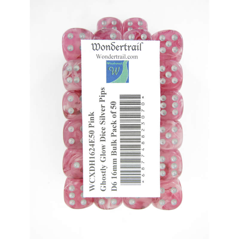 WCXDH1624E50 Pink Ghostly Glow Dice Silver Pips D6 16mm Bulk Pack of 50 (ONLINE ORDER ONLY)