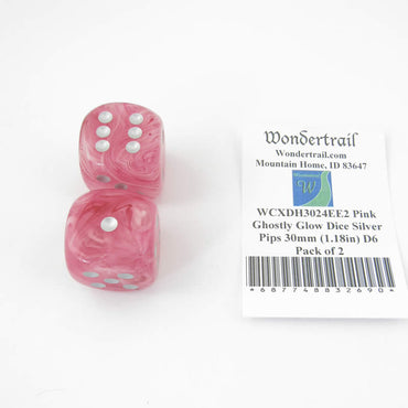 WCXDH3024EE2 Pink Ghostly Glow Dice Silver Pips 30mm (1.18in) D6 Pack of 2 (ONLINE ORDER ONLY)