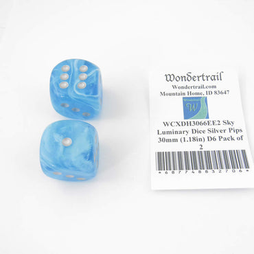 WCXDH3066EE2 Sky Luminary Dice Silver Pips 30mm (1.18in) D6 Pack of 2 (ONLINE ORDER ONLY)