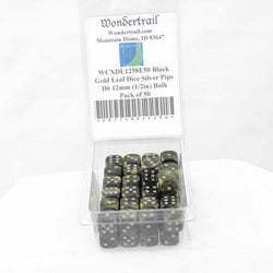 WCXDL1258E50 Black Gold Leaf Dice Silver Pips D6 12mm (1/2in) Bulk Pack of 50 (ONLINE ORDER ONLY)