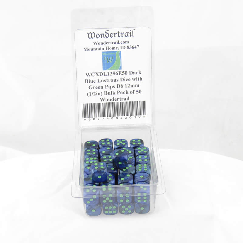 WCXDL1286E50 Dark Blue Lustrous Dice Green Pips D6 12mm (1/2in) Bulk Pack of 50 (ONLINE ORDER ONLY)