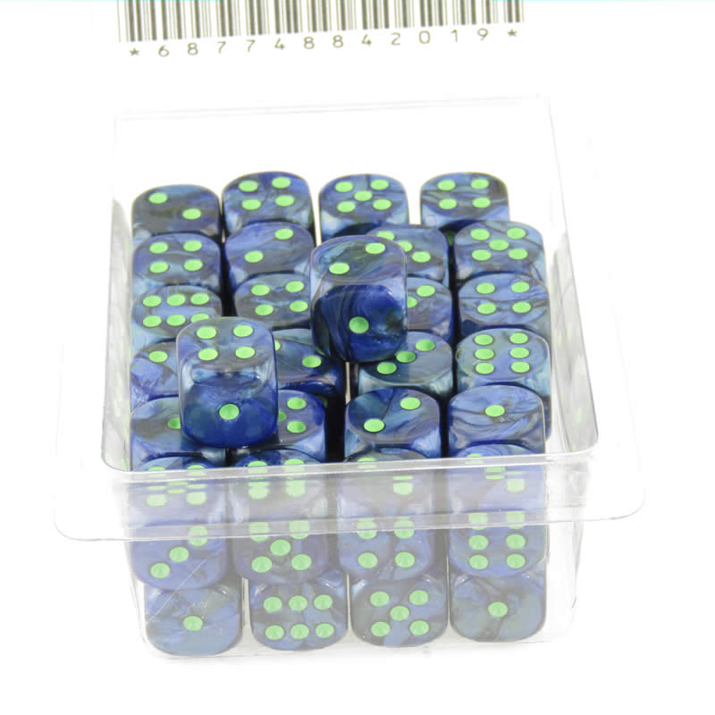 WCXDL1286E50 Dark Blue Lustrous Dice Green Pips D6 12mm (1/2in) Bulk Pack of 50 (ONLINE ORDER ONLY)