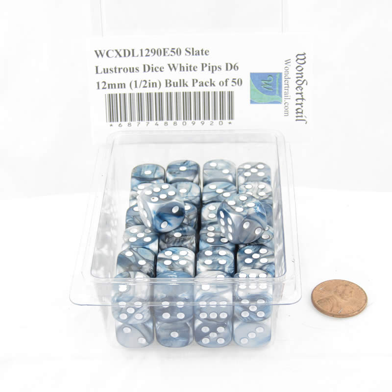 WCXDL1290E50 Slate Lustrous Dice White Pips D6 12mm (1/2in) Bulk Pack of 50 (ONLINE ORDER ONLY)