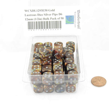 WCXDL1293E50 Gold Lustrous Dice Silver Pips D6 12mm (1/2in) Bulk Pack of 50 (ONLINE ORDER ONLY)
