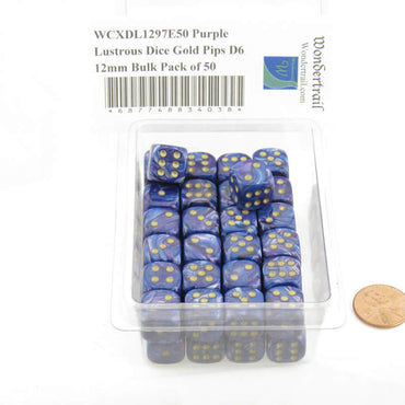 WCXDL1297E50 Purple Lustrous Dice Gold Pips D6 12mm Bulk Pack of 50 (ONLINE ORDER ONLY)